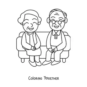 Coloring page of a grandma and a grandpa sitting on a sofa