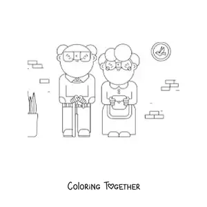 Coloring page of a little grandma next to a little grandpa
