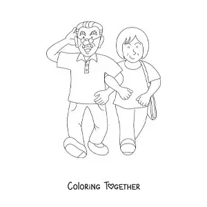 Coloring page of a grandma and a grandpa walking together
