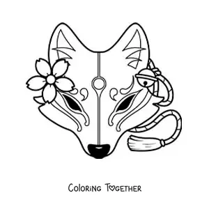 Coloring page of a cartoon Japanese Kitsune mask