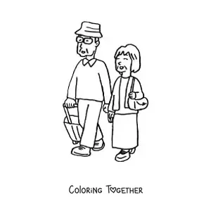 Coloring page of a grandma and a grandpa with travel luggage