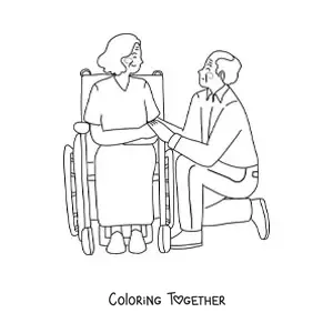Coloring page of a grandpa kneeling next to a grandma in a wheelchair