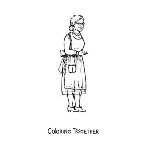 Coloring page of a little grandma with an apron and glasses