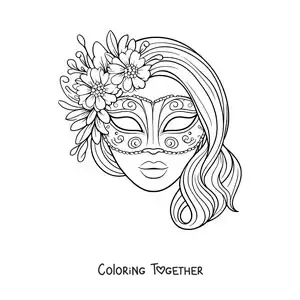 Coloring page of a carnival queen mask with flowers for girls
