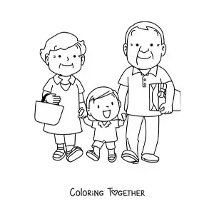 Coloring page of a pair of grandparents holding their grandson by the hand