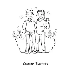 Coloring page of a couple of grandparents waving happily