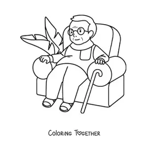 Coloring page of a grandpa with a cane sitting in an armchair