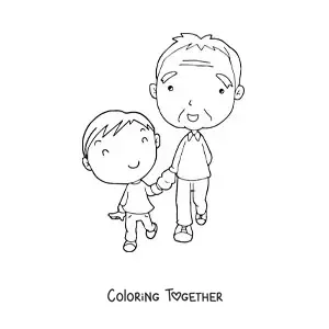 Coloring page of a kawaii grandpa standing next to his grandson