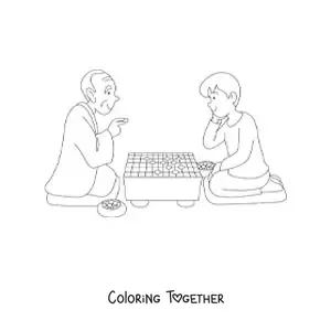 Coloring page of a grandpa playing with his grandson