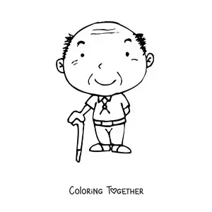 Coloring page of a smiling kawaii grandpa standing with a cane