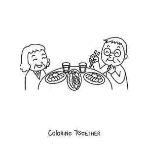 Coloring page of a grandpa and a grandma having dinner