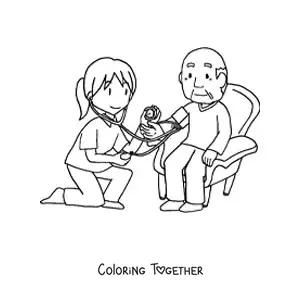 Coloring page of a grandpa at a medical appointment with a doctor