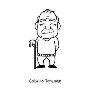 Coloring page of a grandpa standing while holding a cane