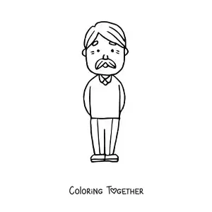 Coloring page of a grandpa standing with a mustache and a sweater