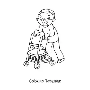 Coloring page of a kawaii grandpa walking with a walker