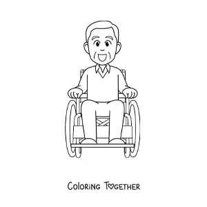 Coloring page of a smiling kawaii grandpa in a wheelchair
