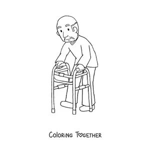 Coloring page of a grandpa with a walker
