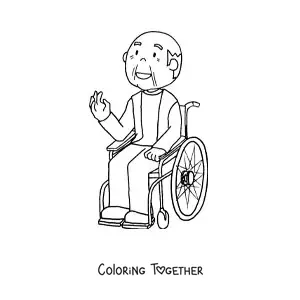 Coloring page of a grandpa in a wheelchair waving