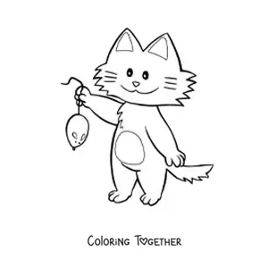 Coloring page of a cartoon cat holding a mouse by its tail