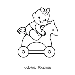 Coloring page of a baby girl playing on a toy horse
