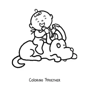 Coloring page of a happy baby on top of a cartoon dog