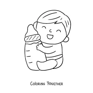 Coloring page of a baby in diapers hugging a bottle