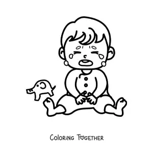 Coloring page of a baby sitting and crying next to a toy