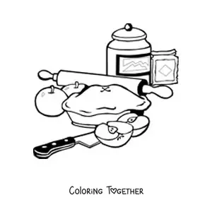 Coloring page of an apple pie with ingredients, a knife, and a rolling pin