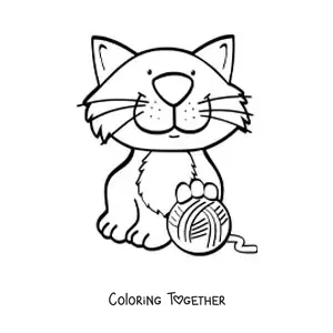 Coloring page of a cartoon cat sitting and playing with a ball of yarn