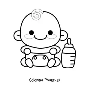Coloring page of a kawaii baby in diapers next to a bottle