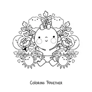 Coloring page of a kawaii baby girl surrounded by cartoon flowers