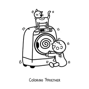 Coloring page of a baby playing with a cartoon cat on top of a dryer