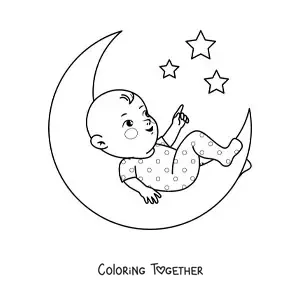 Coloring page of a baby lying on the Moon looking at the stars