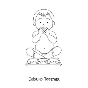 Coloring page of a baby sitting and eating with its hands