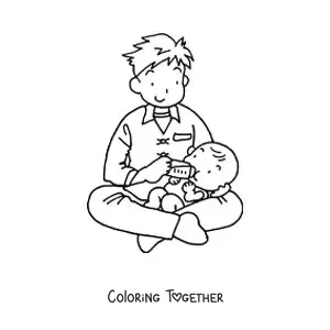 Coloring page of a father feeding a baby with a bottle