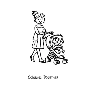 Coloring page of a mom taking her baby for a walk in a stroller