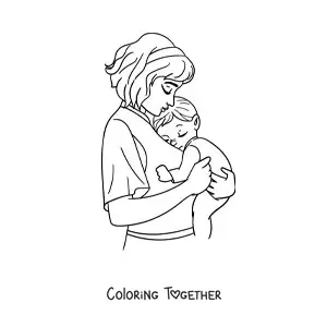 Coloring page of a mom carrying her baby