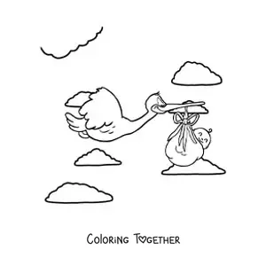 Coloring page of a stork flying while carrying a newborn baby