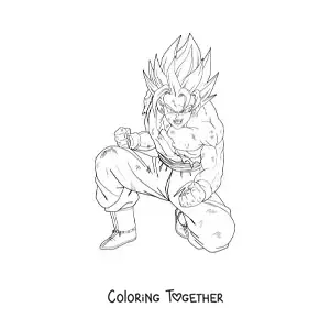 Coloring page of Goku kneeling in Ultra Instinct state
