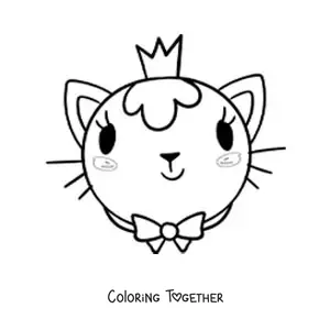 Coloring page of the face of a princess cat wearing a crown and a bow