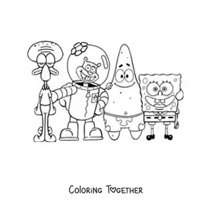 Coloring page of SpongeBob posing with his friends