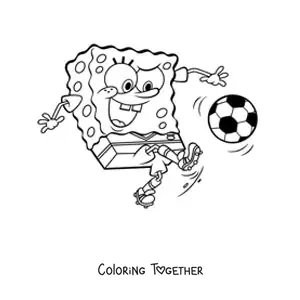 Coloring page of SpongeBob playing soccer and kicking a ball