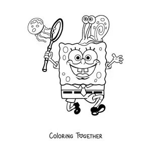 Coloring page of SpongeBob jellyfishing with Gary on his head