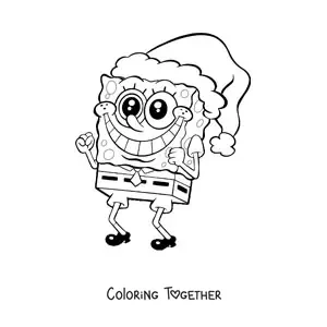 Coloring page of a smiling SpongeBob with a Christmas hat