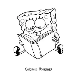 Coloring page of SpongeBob sitting and reading a book
