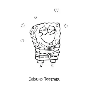 Coloring page of SpongeBob hugging himself surrounded by hearts