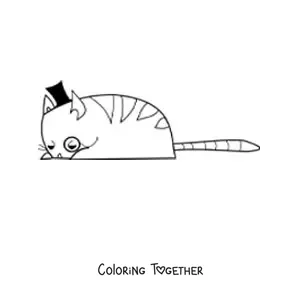 Coloring page of an elegant cat lying down and wearing a hat and a monocle