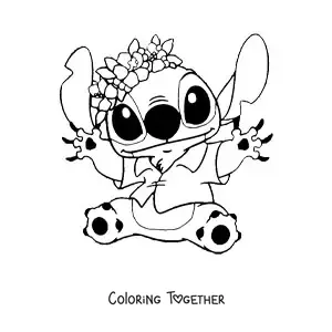 Coloring page of Stitch sitting and waving with flowers on his head
