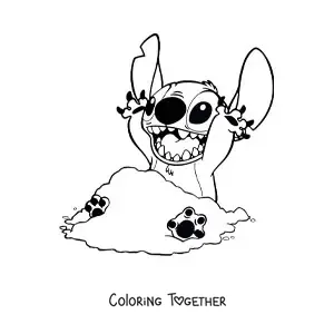 Coloring page of a happy Stitch sitting and playing in the sand