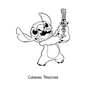 Coloring page of a happy Stitch holding a ukulele